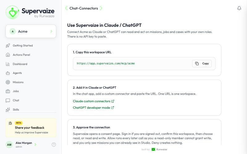 Studio page "Use Supervaize in Claude / ChatGPT" showing the workspace URL and a Copy button