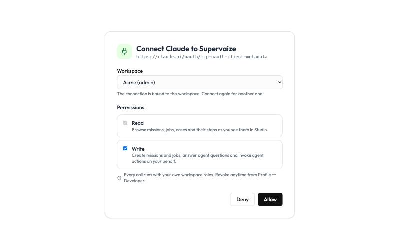 Supervaize consent page: Connect Claude to Supervaize, with workspace and Read / Write permissions